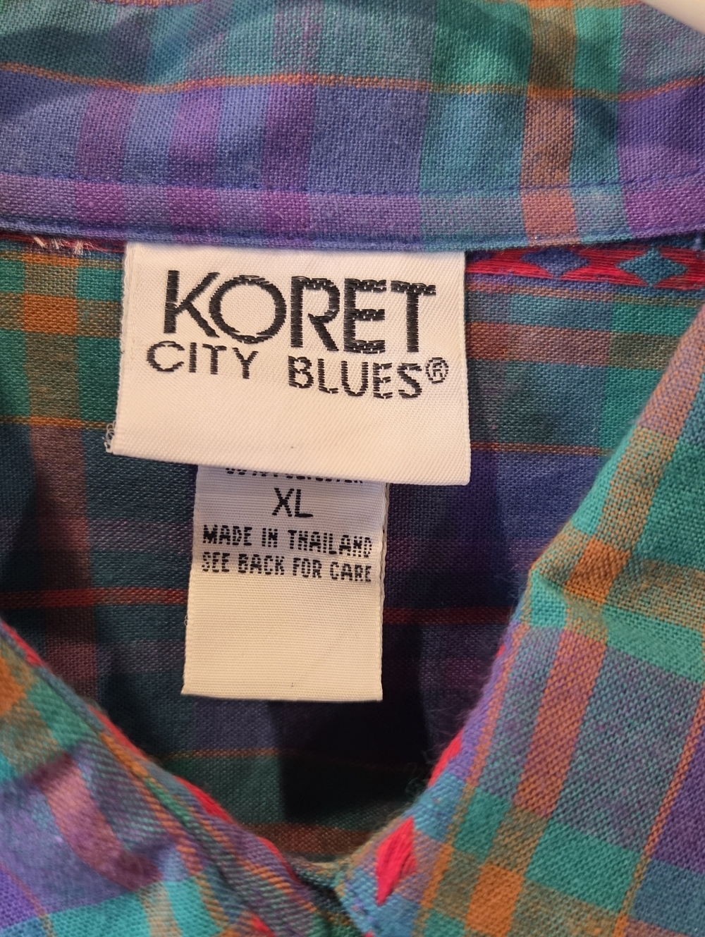 Vintage Koret City Blues Plaid Embroidered Shirt XL | Southwest Boho Button Dow - Picture 6 of 14